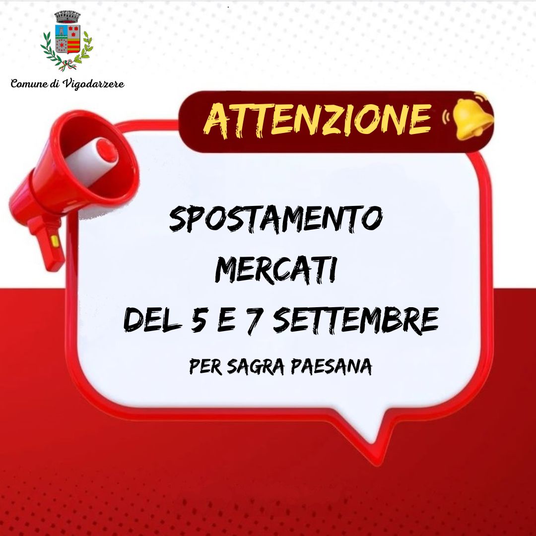 Attenzione: spostamento mercati del 5 e 7 settembre